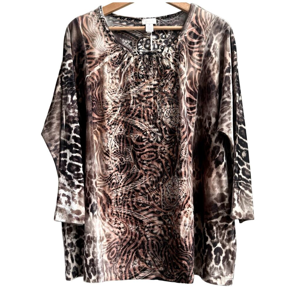 CHICOS‎ Burnout Velvet Mixed Animal Print Embellished Lace Blouse XL (3) Brown